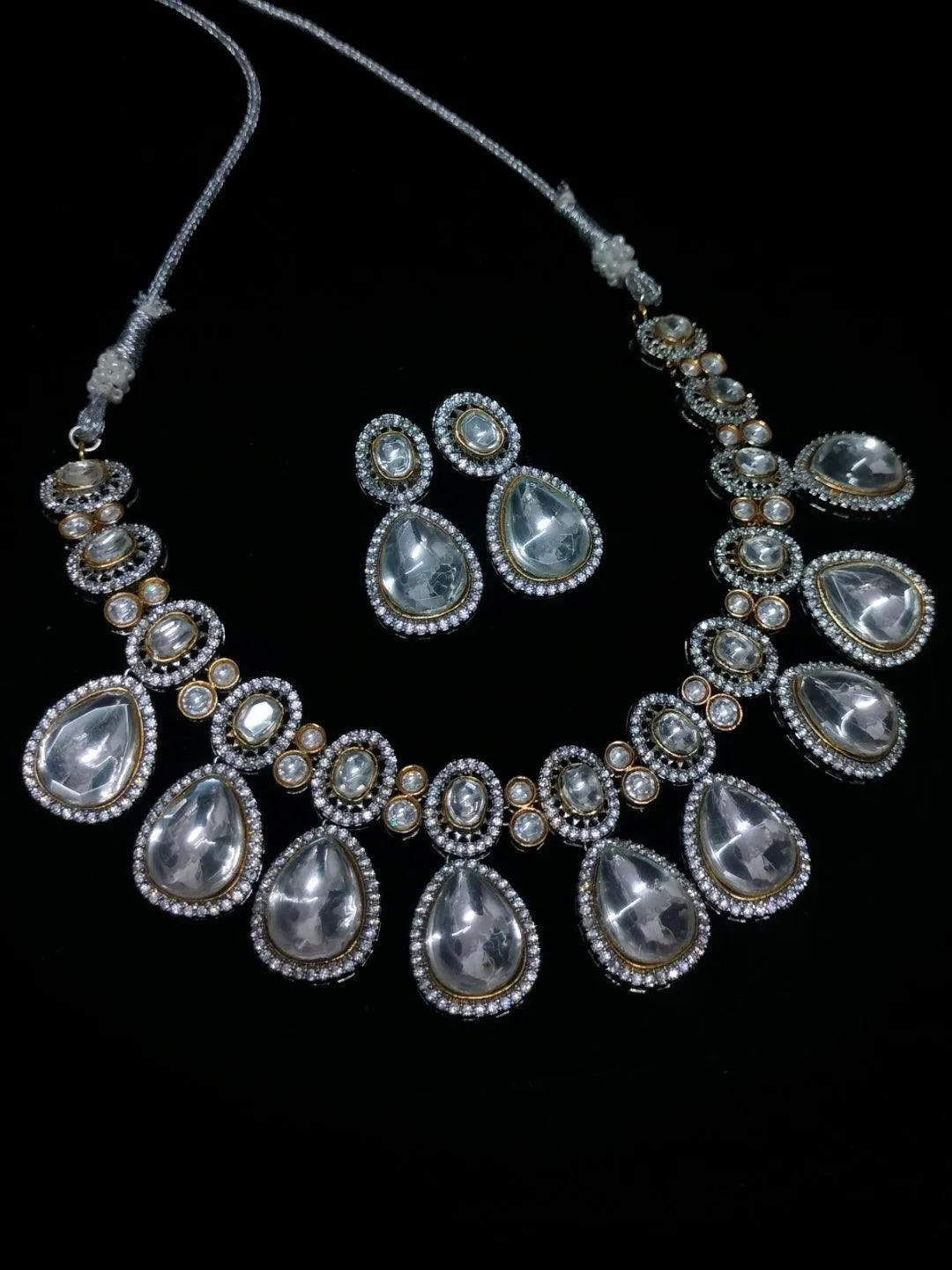 Carved Stone Polki Drop Necklace Set