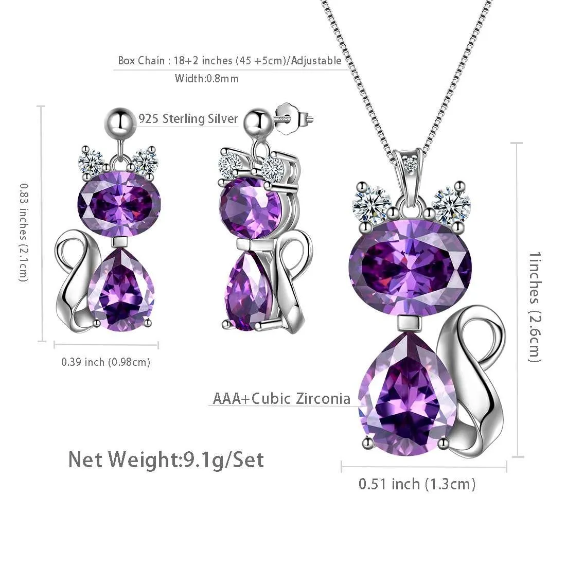 Cat Birthstone February Amethyst Necklace Earring Jewelry Set Women Girls Birthday Gift