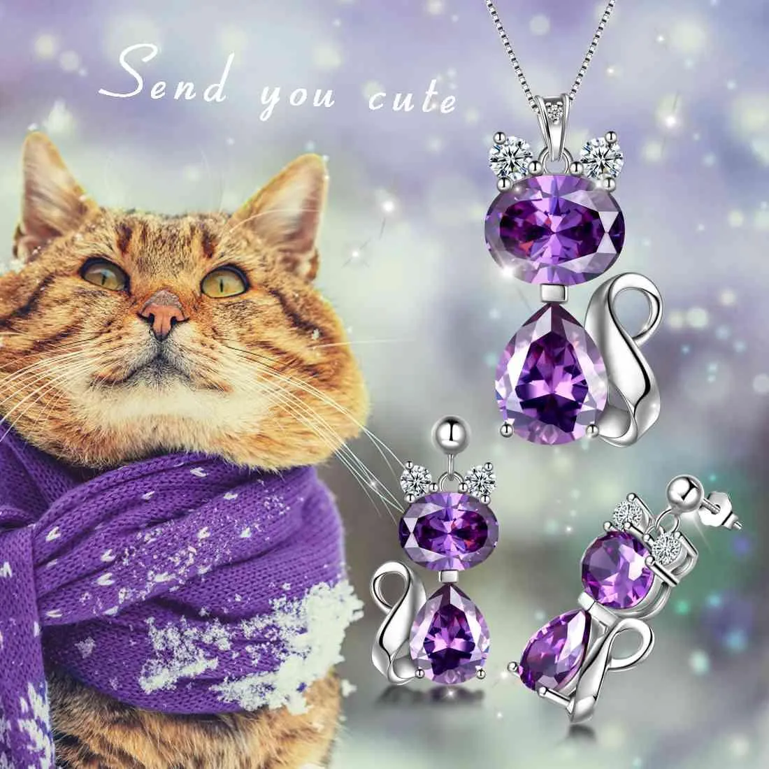 Cat Birthstone February Amethyst Necklace Earring Jewelry Set Women Girls Birthday Gift