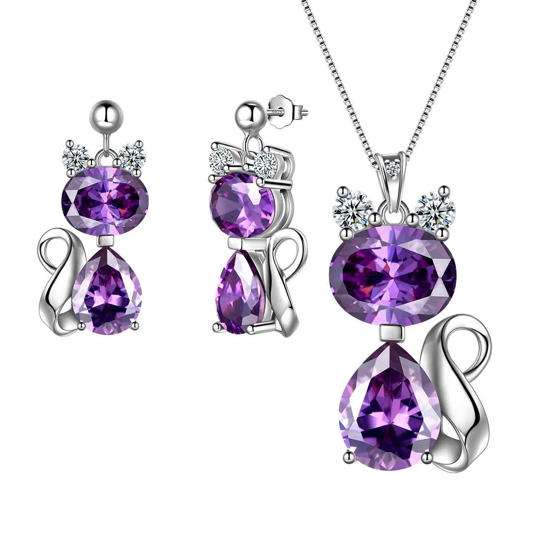 Cat Birthstone February Amethyst Necklace Earring Jewelry Set Women Girls Birthday Gift