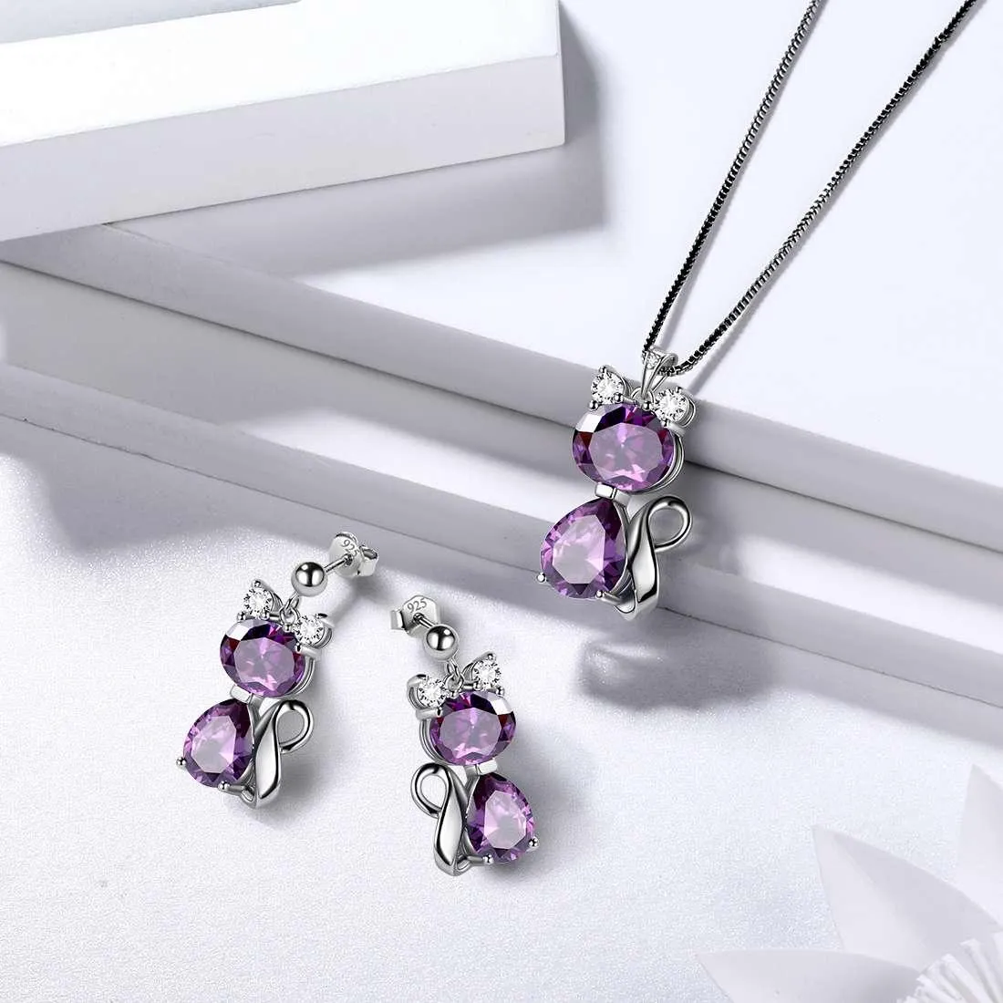 Cat Birthstone February Amethyst Necklace Earring Jewelry Set Women Girls Birthday Gift