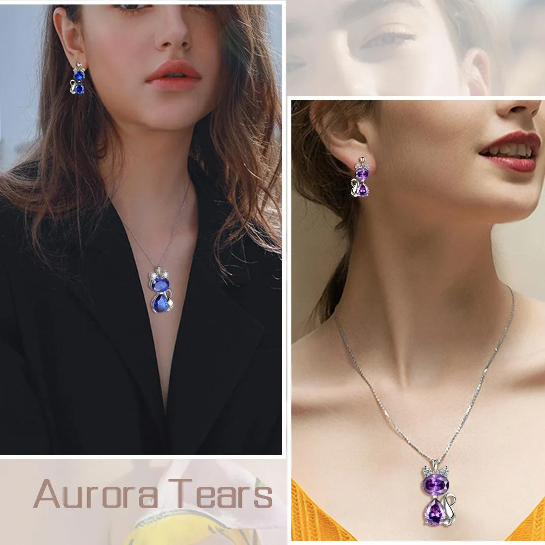 Cat Birthstone February Amethyst Necklace Earring Jewelry Set Women Girls Birthday Gift