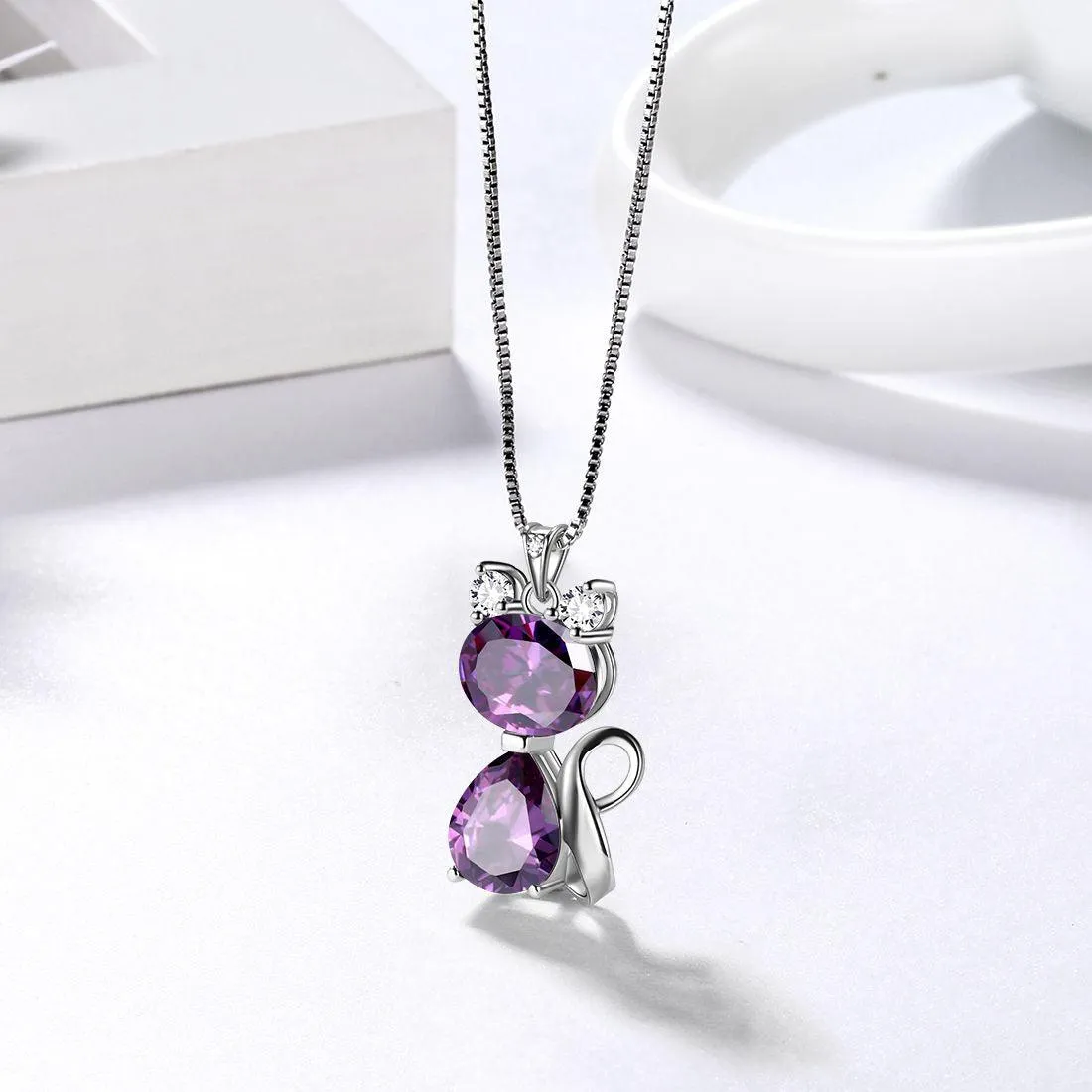 Cat Birthstone February Amethyst Necklace Earring Jewelry Set Women Girls Birthday Gift