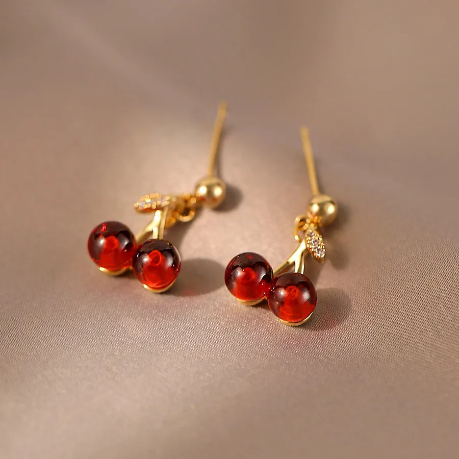 Cherry Zircon Earrings with Sterling Silver Needle, Niche Design