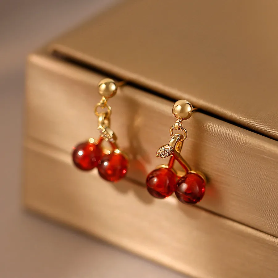 Cherry Zircon Earrings with Sterling Silver Needle, Niche Design