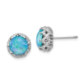 Cheryl M Sterling Silver CZ & Round Blue Opal Halo Post Earrings