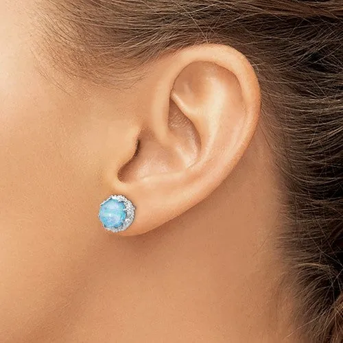 Cheryl M Sterling Silver CZ & Round Blue Opal Halo Post Earrings