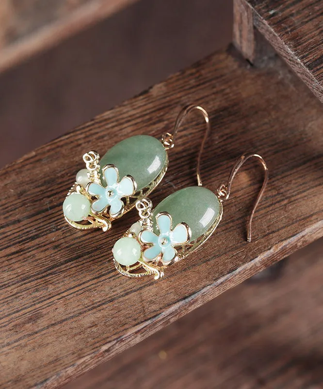 Chic Green Copper Pearl Jade Cloisonne Drop Earrings LY2280