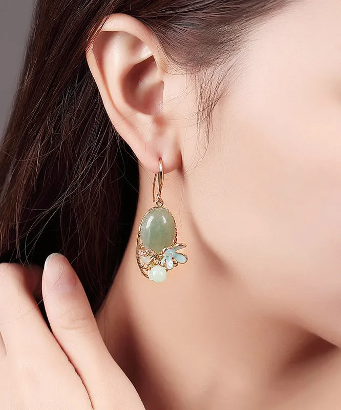 Chic Green Copper Pearl Jade Cloisonne Drop Earrings LY2280