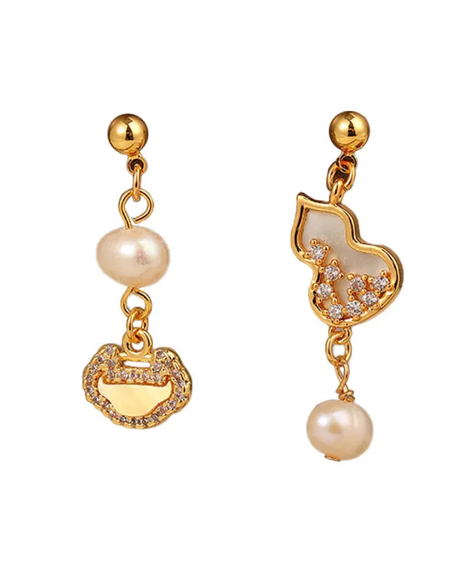 Chinese Style Gold Copper Overgild Pearl Zircon Drop Earrings QI070