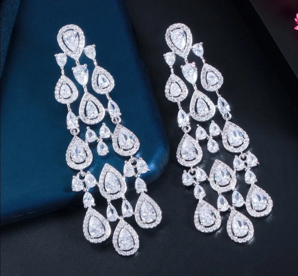 Clear White Water Drop Cubic Zirconia Long Tassel Style Party Earrings