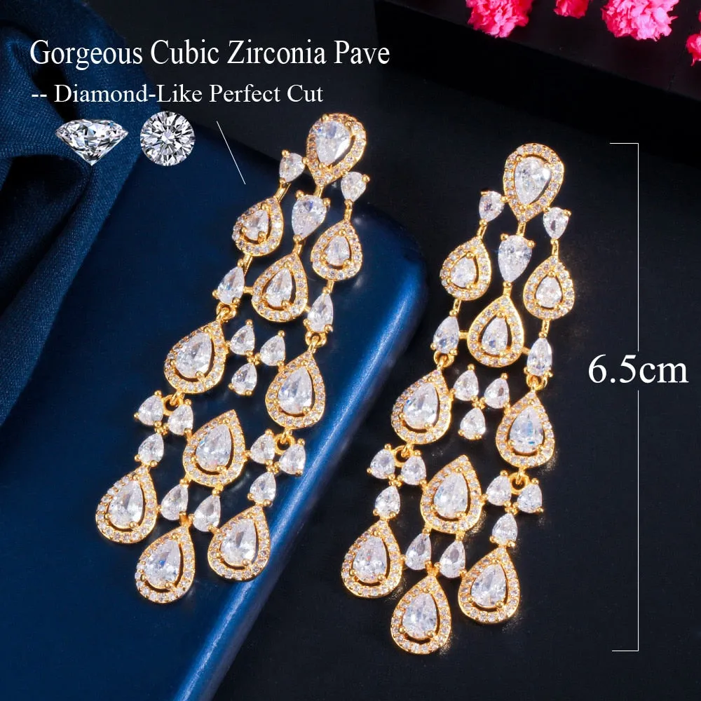 Clear White Water Drop Cubic Zirconia Long Tassel Style Party Earrings