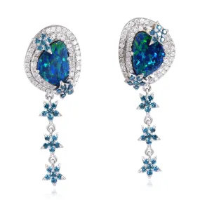 Colored Diamond Pave Sparkling Opal Doublet Cluster Dangler Jewelry In 18K White Gold