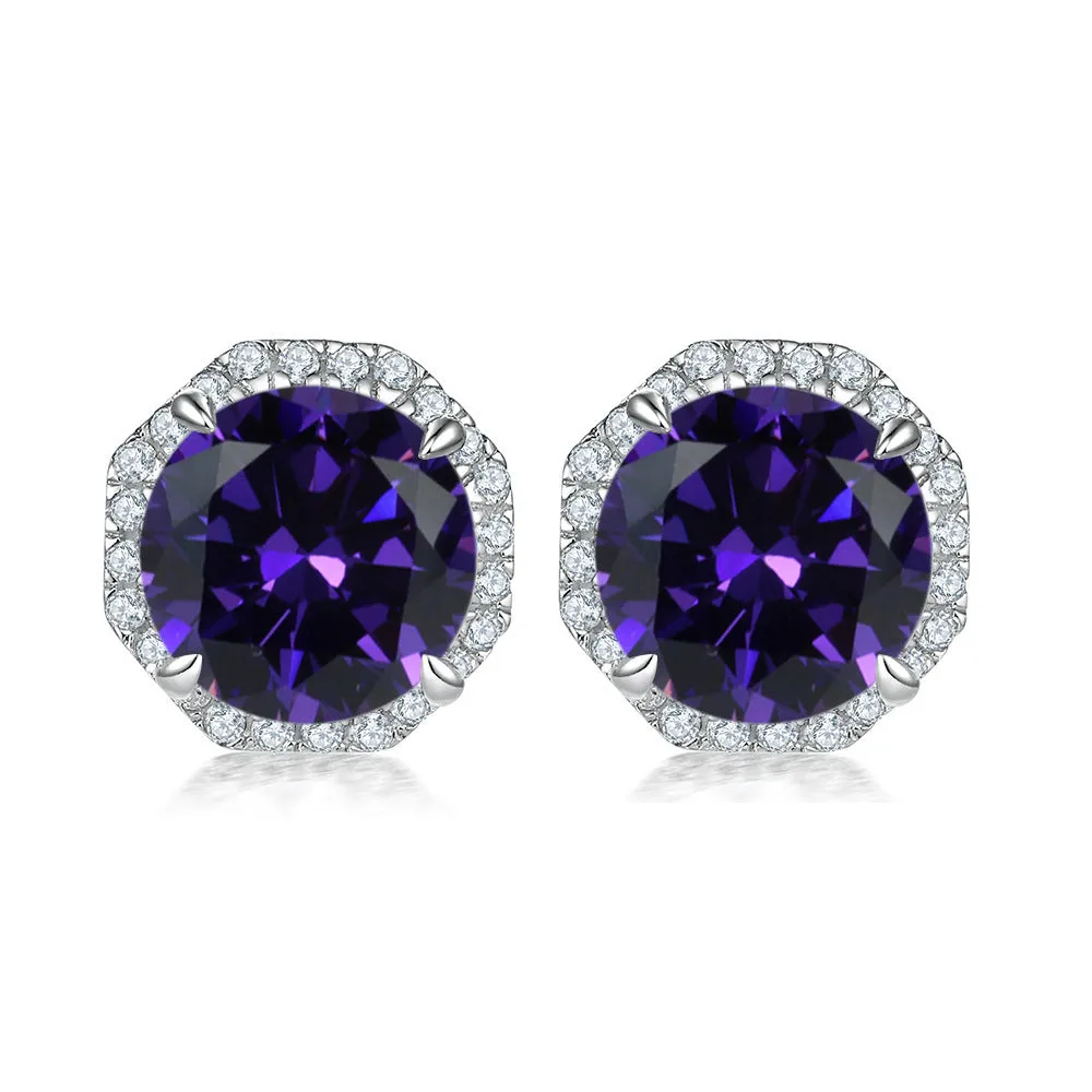 Colourful Round Zircon Soleste Halo Silver Studs Earrings for Women