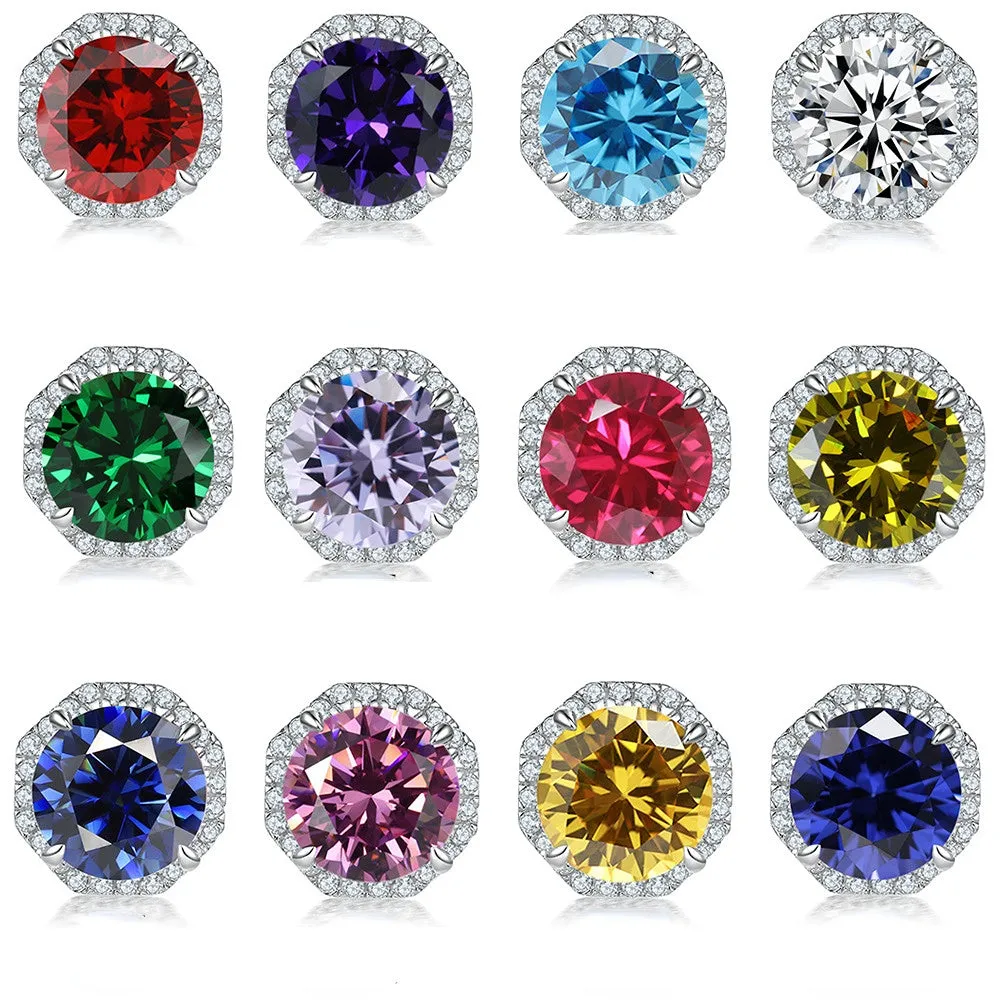 Colourful Round Zircon Soleste Halo Silver Studs Earrings for Women