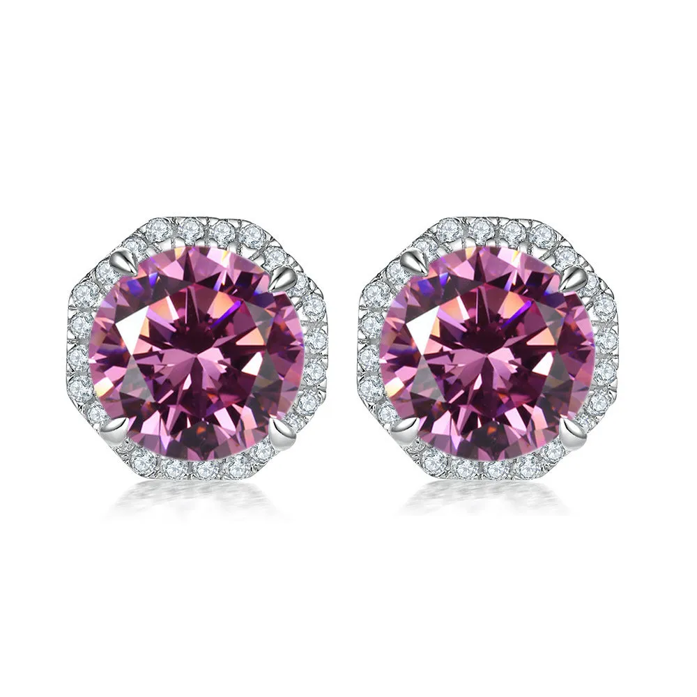 Colourful Round Zircon Soleste Halo Silver Studs Earrings for Women