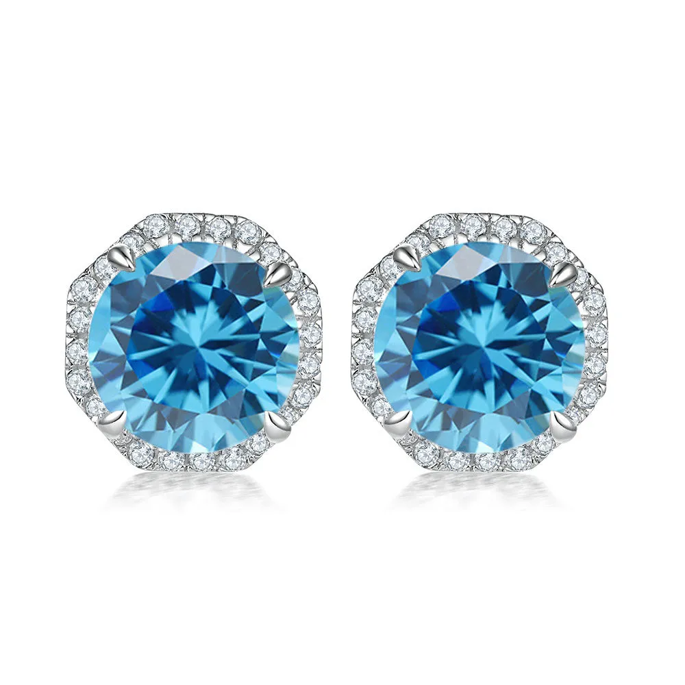 Colourful Round Zircon Soleste Halo Silver Studs Earrings for Women