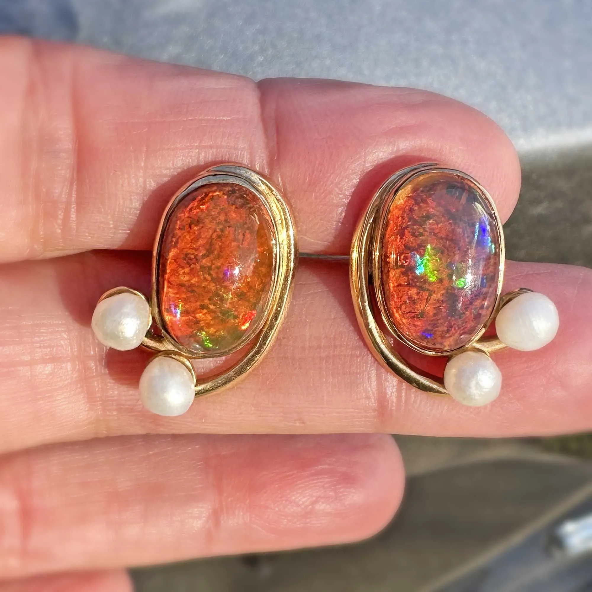 Contemporary Natural Pearl Large Fire Opal Stud Earrings