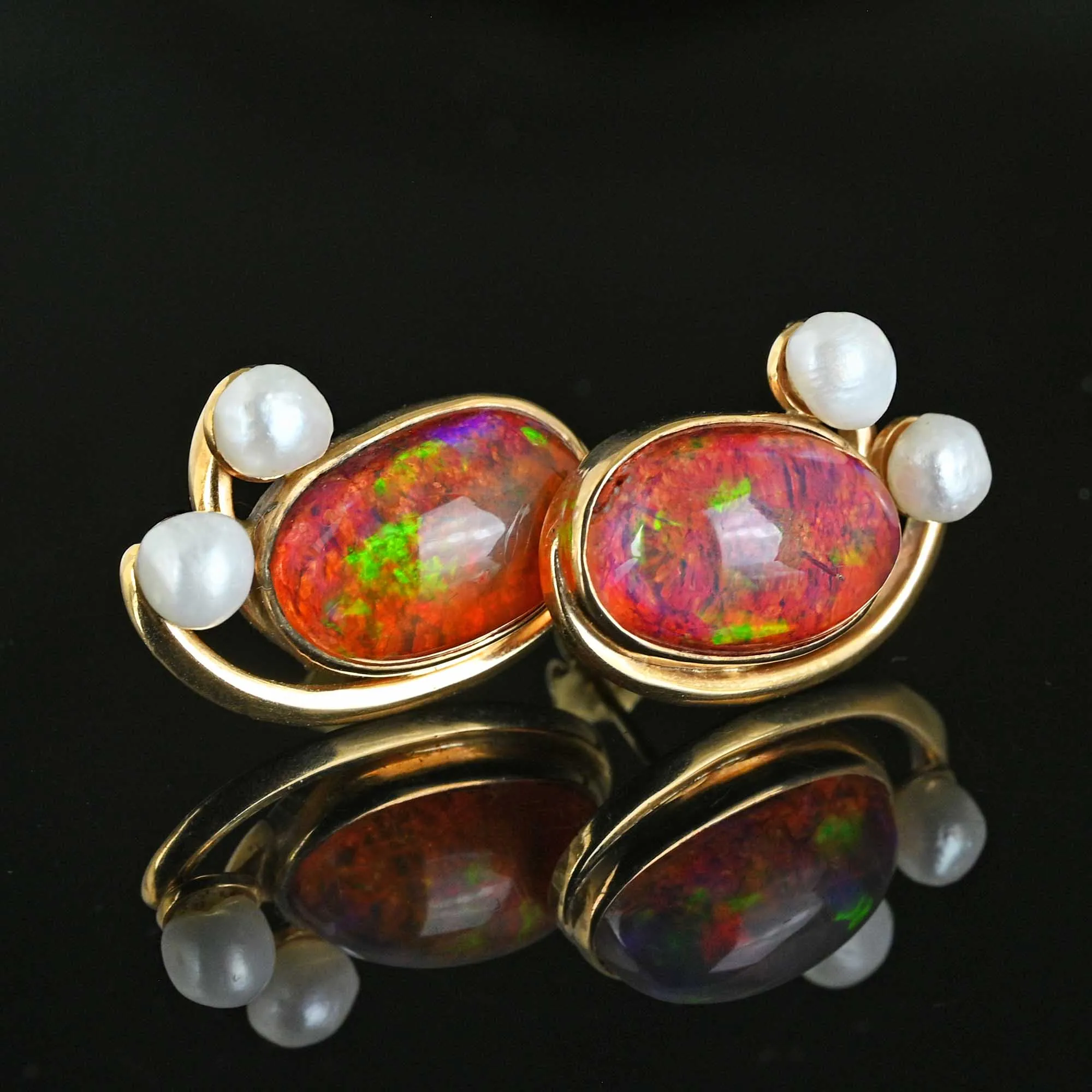 Contemporary Natural Pearl Large Fire Opal Stud Earrings