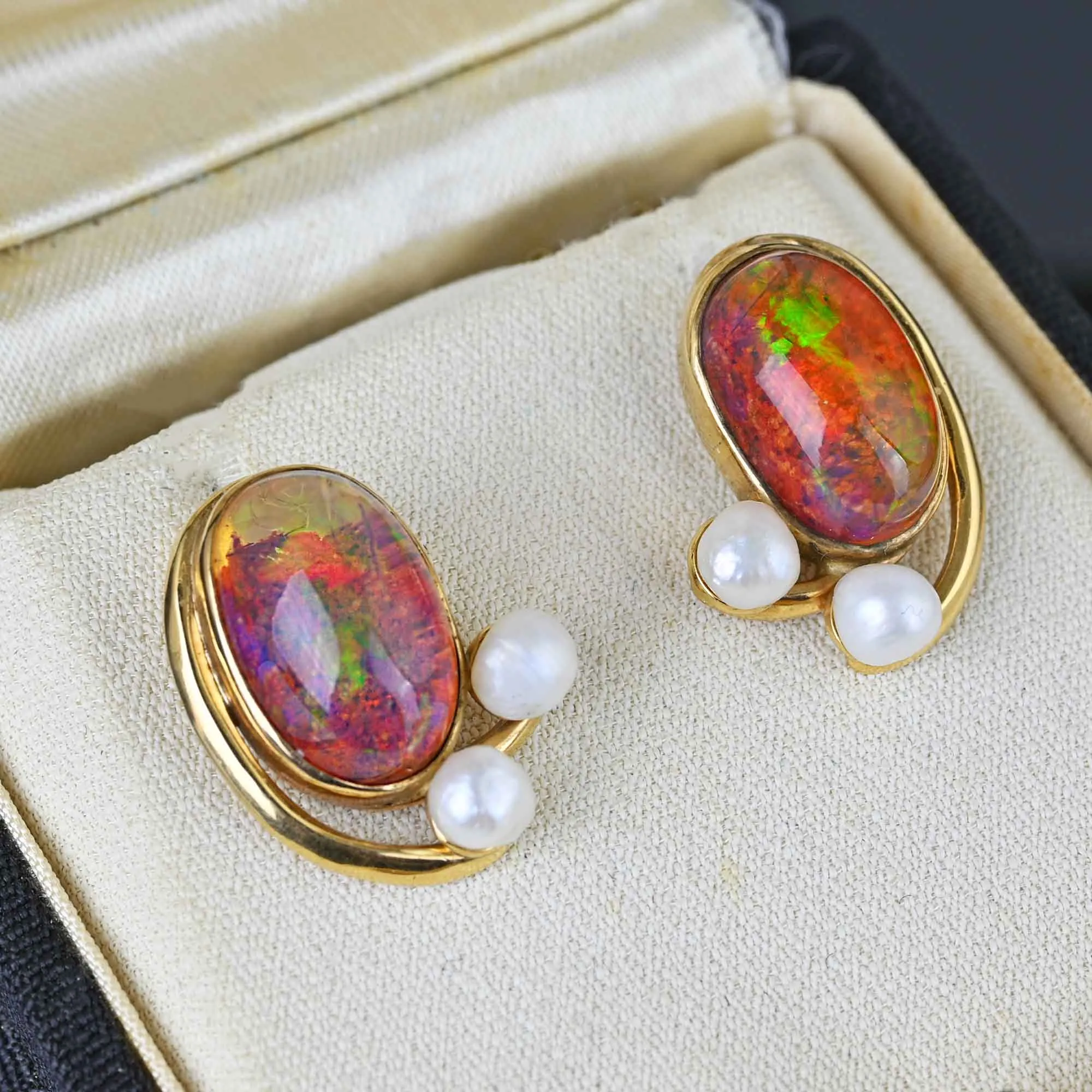 Contemporary Natural Pearl Large Fire Opal Stud Earrings