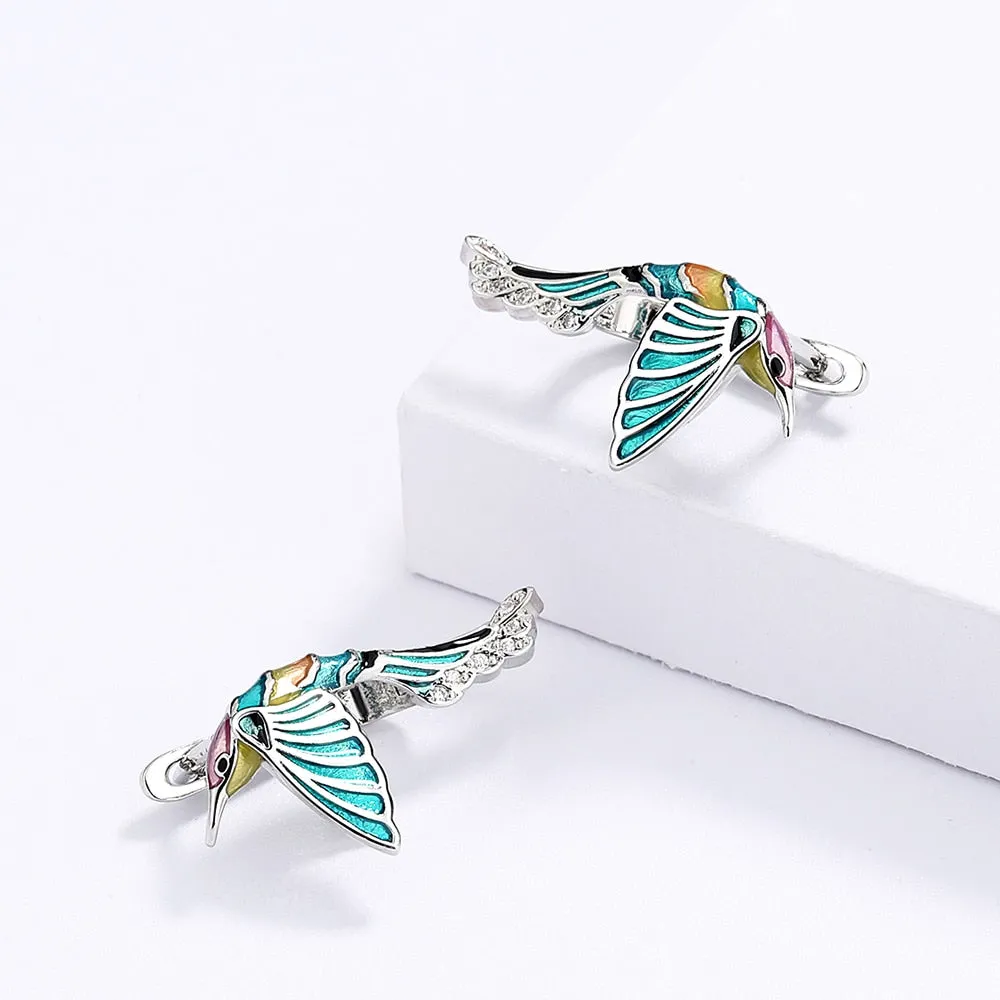 Creative Hummingbird Enamel Drop Earrings for Women with Zircon in Silver Color