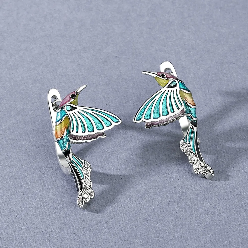 Creative Hummingbird Enamel Drop Earrings for Women with Zircon in Silver Color