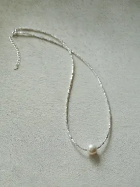 Crushed Silver Bead Natural Pearl Pendant Necklace