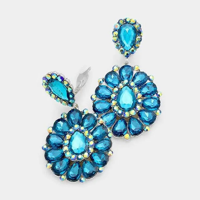 Crystal Blue Zircon Teardrop Cluster Statement Clip on Earrings