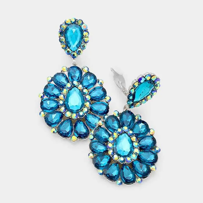 Crystal Blue Zircon Teardrop Cluster Statement Clip on Earrings