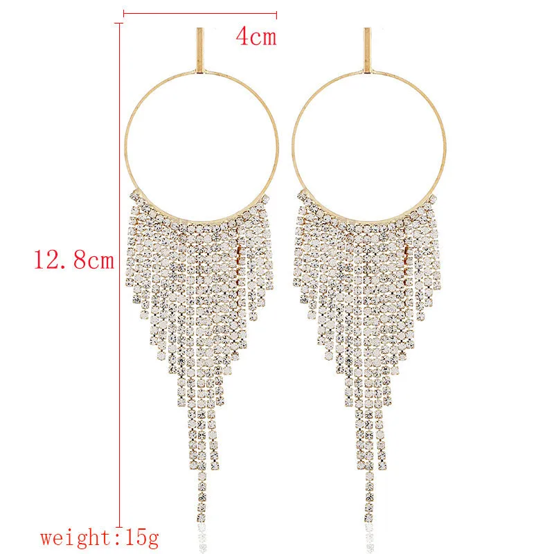 Crystal Long Tassel Hoop  Drop Dangle Big Rhinestone Party Earrings