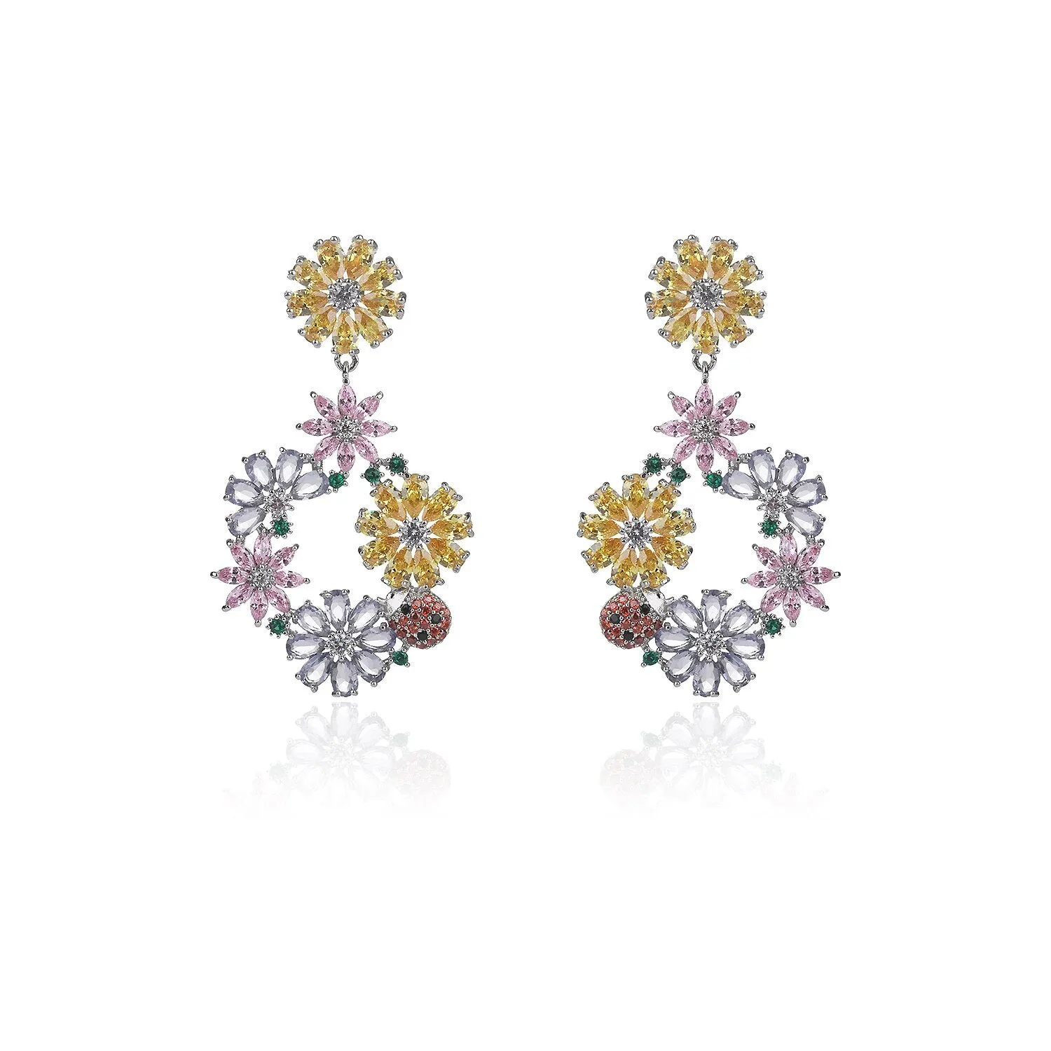 Cubic Zircon CZ Flower Earrings for Wedding, Crystals Ladybug Earring for Bride, Women Girl Birthday Party Jewelry CE11011