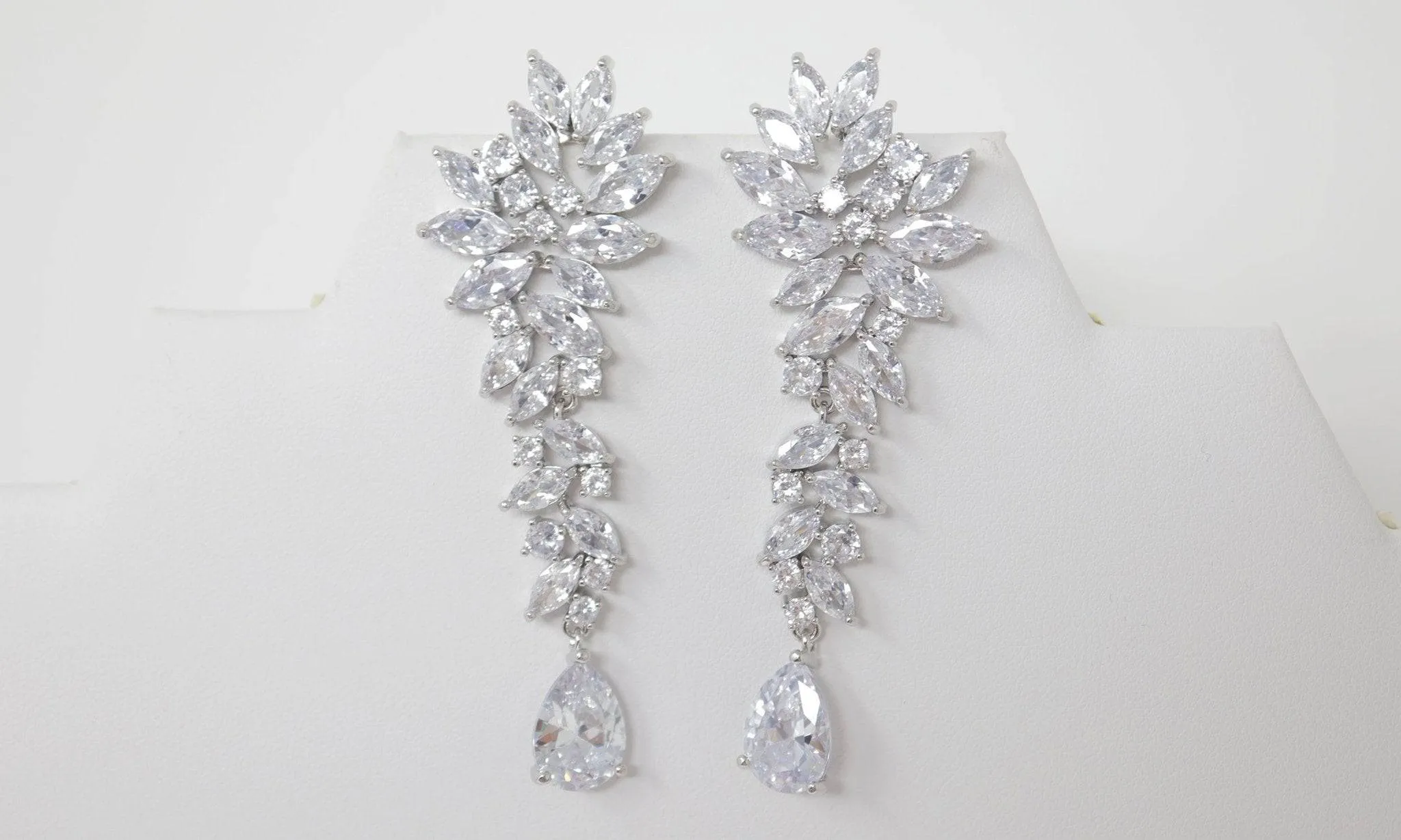 Cubic Zirconia CZ long leaves Drop, Dangle Crystal, Diamond Earring, Long Bridal Jewelry, Crystal Bridal Earrings, Statement Earrings Cz