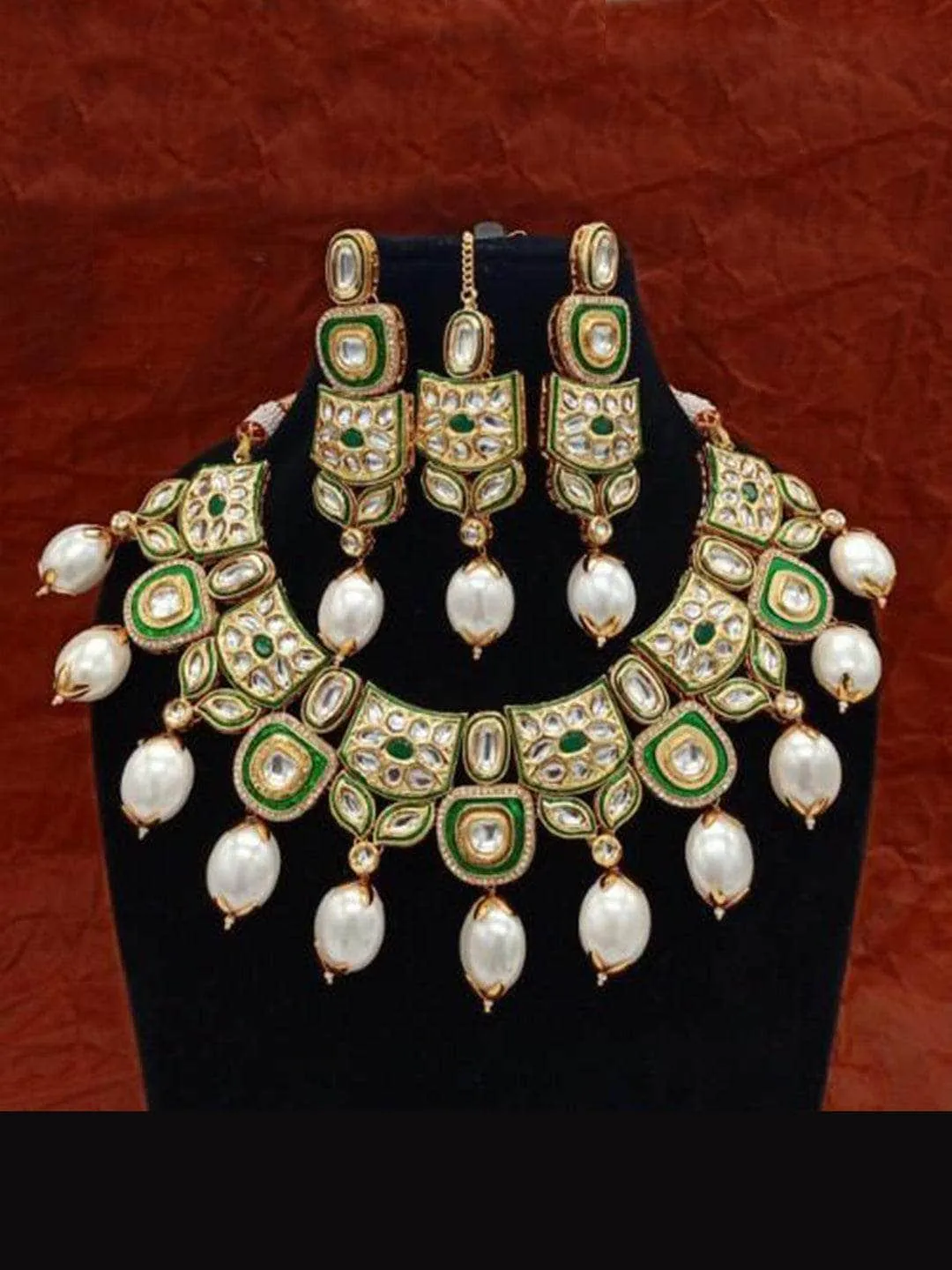 Cut Kundan Meena Pearls Necklace Earring And Teeka Set