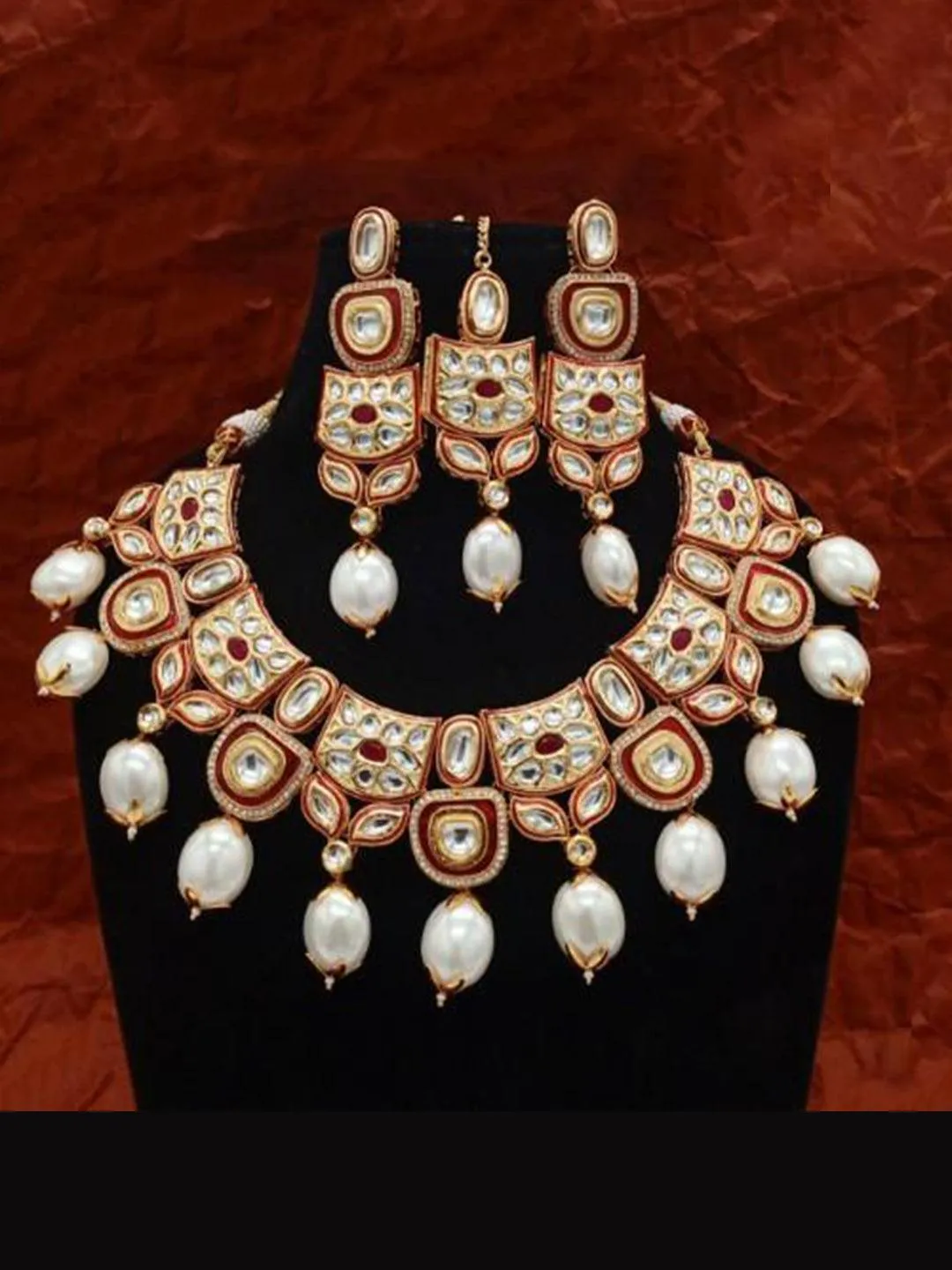 Cut Kundan Meena Pearls Necklace Earring And Teeka Set