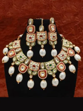 Cut Kundan Meena Pearls Necklace Earring And Teeka Set