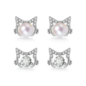 Cute Cat with Gemstone Silver Stud Earrings for Women