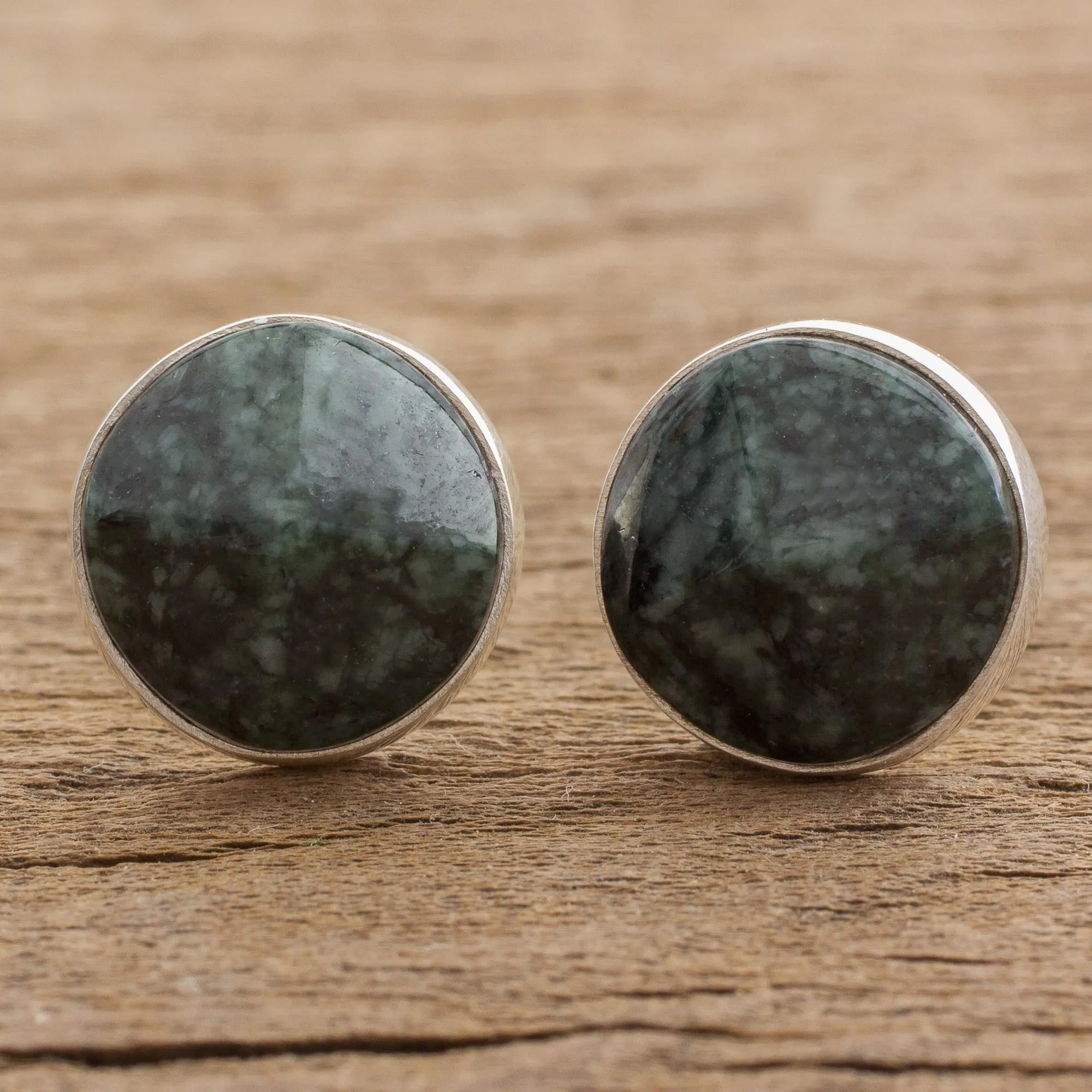 Dark Green Faceted Circles Dark Green Jade Stud Earrings from Guatemala