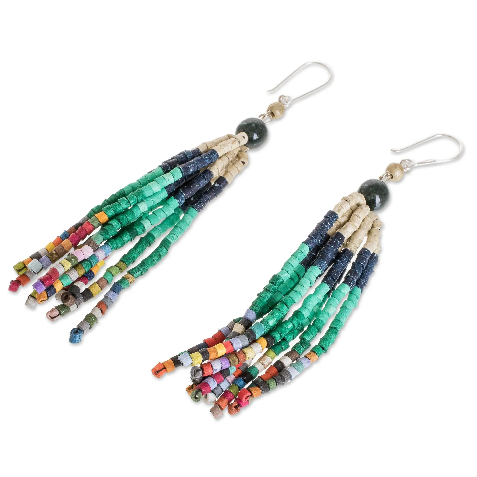 Dark Green Jade and Ceramic Beaded Waterfall Earrings - Tradition and Custom | NOVICA