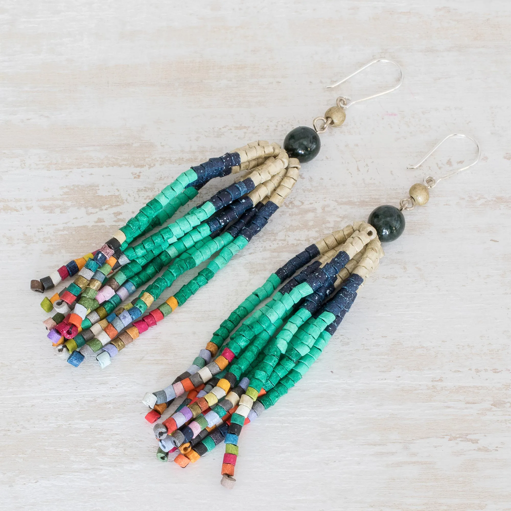 Dark Green Jade and Ceramic Beaded Waterfall Earrings - Tradition and Custom | NOVICA