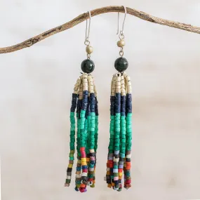 Dark Green Jade and Ceramic Beaded Waterfall Earrings - Tradition and Custom | NOVICA