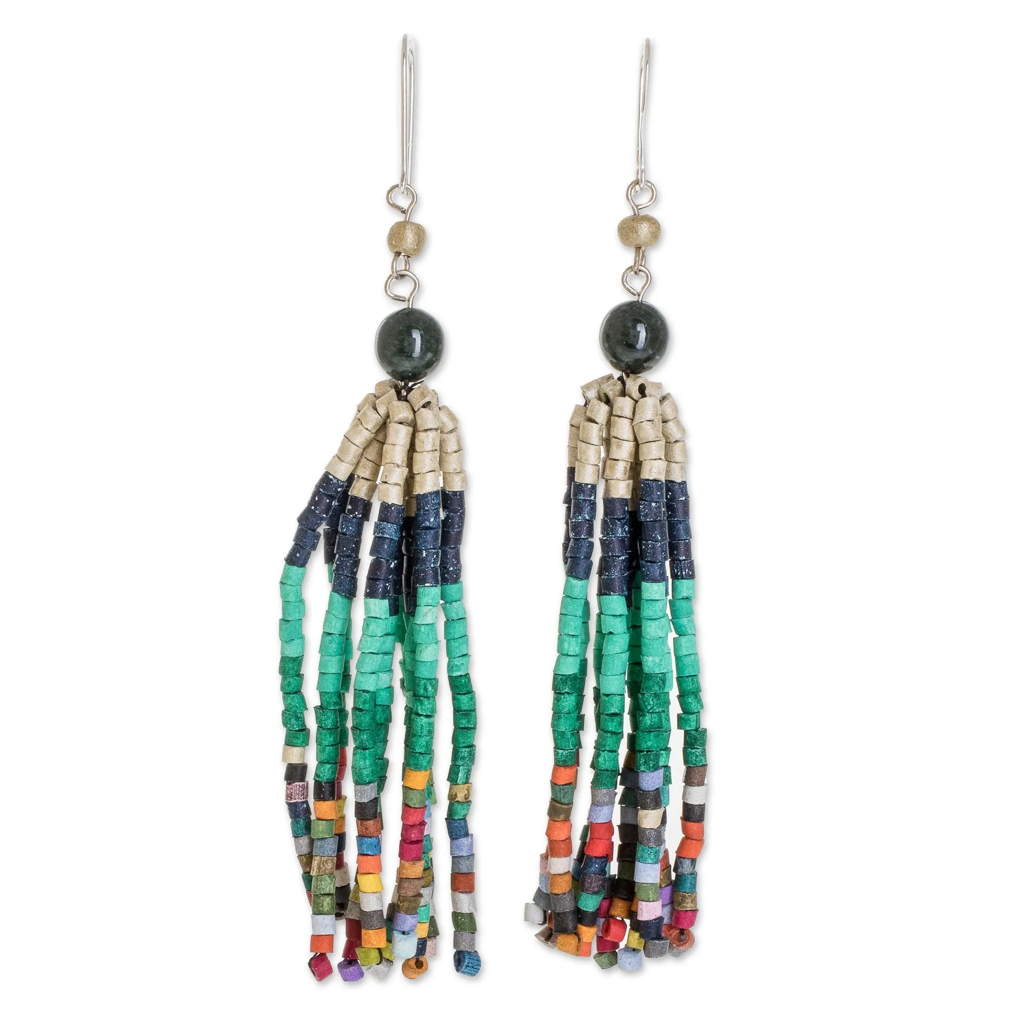 Dark Green Jade and Ceramic Beaded Waterfall Earrings - Tradition and Custom | NOVICA