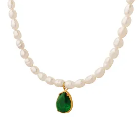 Deep Green Zircon Teardrop Pendant Freshwater Pearl Necklace