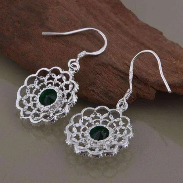 Deepest Green CZ Sterling Silver Filigree Medallion Matching Necklace and Earrings Set