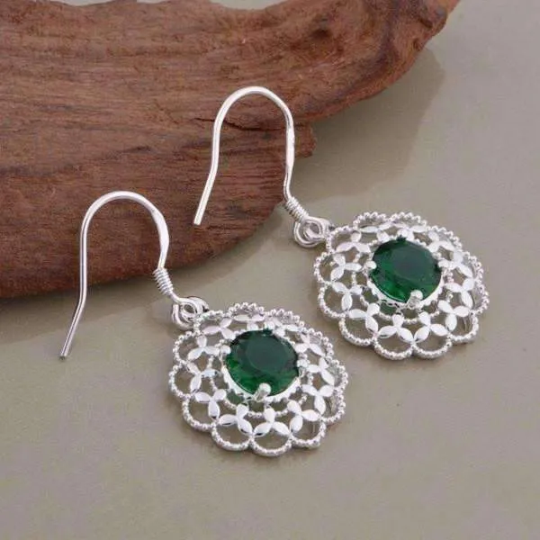 Deepest Green CZ Sterling Silver Filigree Medallion Matching Necklace and Earrings Set