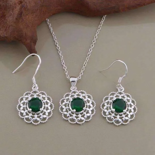 Deepest Green CZ Sterling Silver Filigree Medallion Matching Necklace and Earrings Set