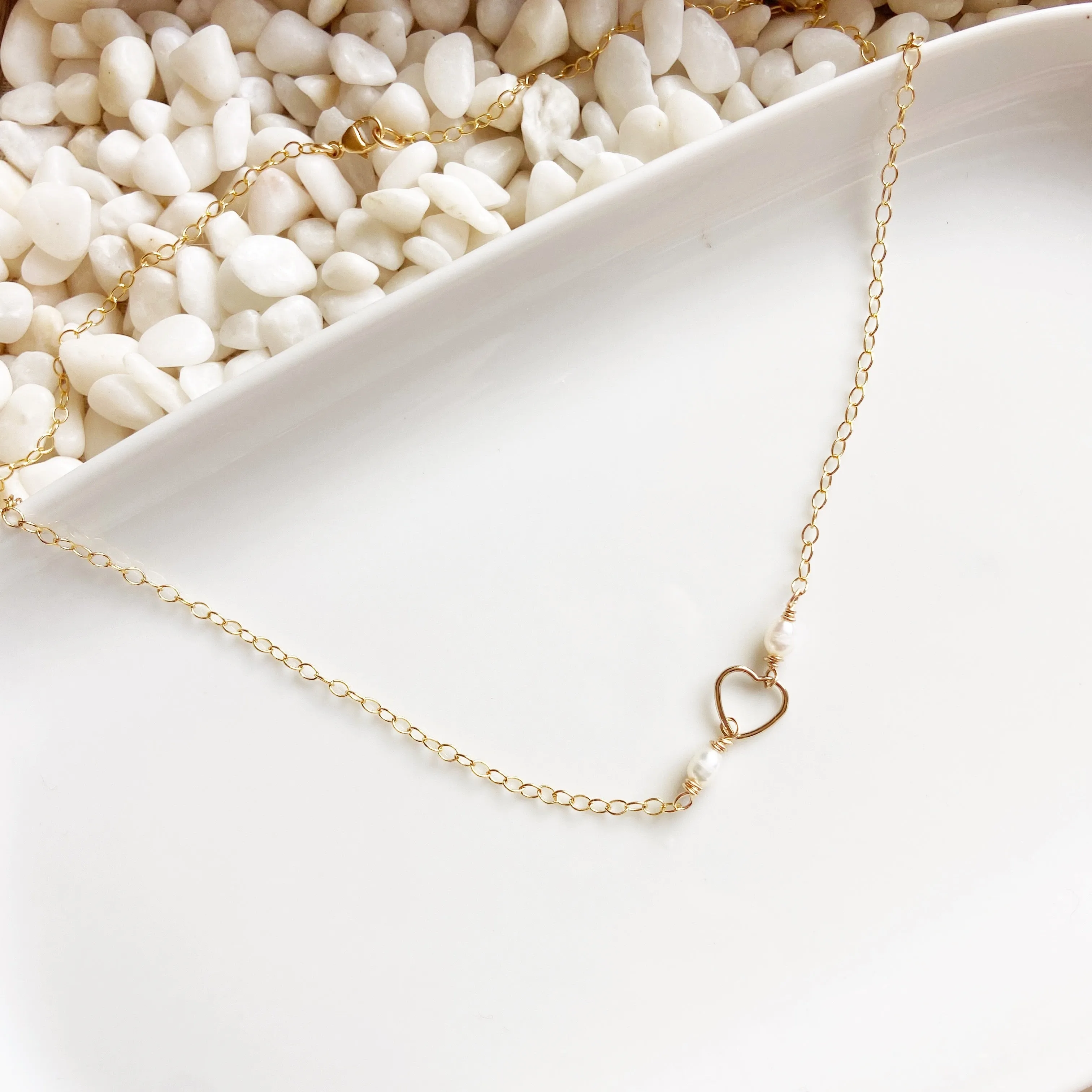 Delicate Pearl Heart Necklace in Gold or Silver (16.5 inches)