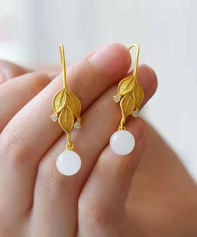 DIY Gold Sterling Silver Overgild Jade Leaf Drop Earrings LY8619