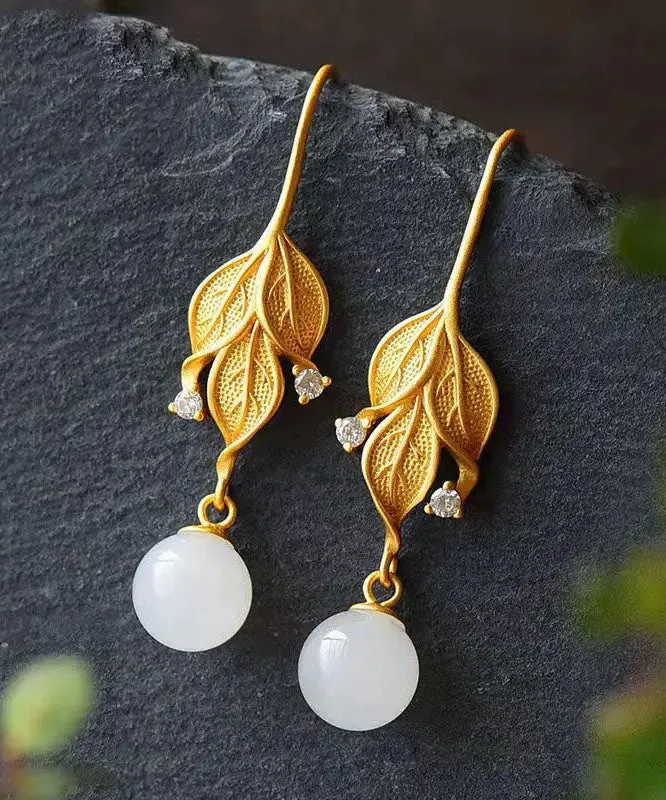 DIY Gold Sterling Silver Overgild Jade Leaf Drop Earrings LY8619