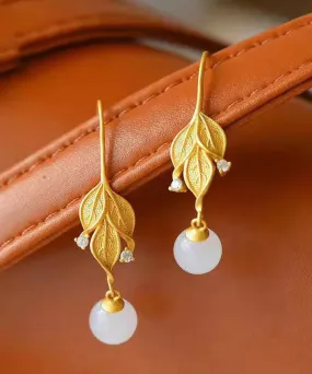 DIY Gold Sterling Silver Overgild Jade Leaf Drop Earrings LY8619