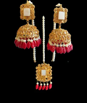 DJET20 Gold plated jhumka earrings and tika set ( READY TO SHIP )